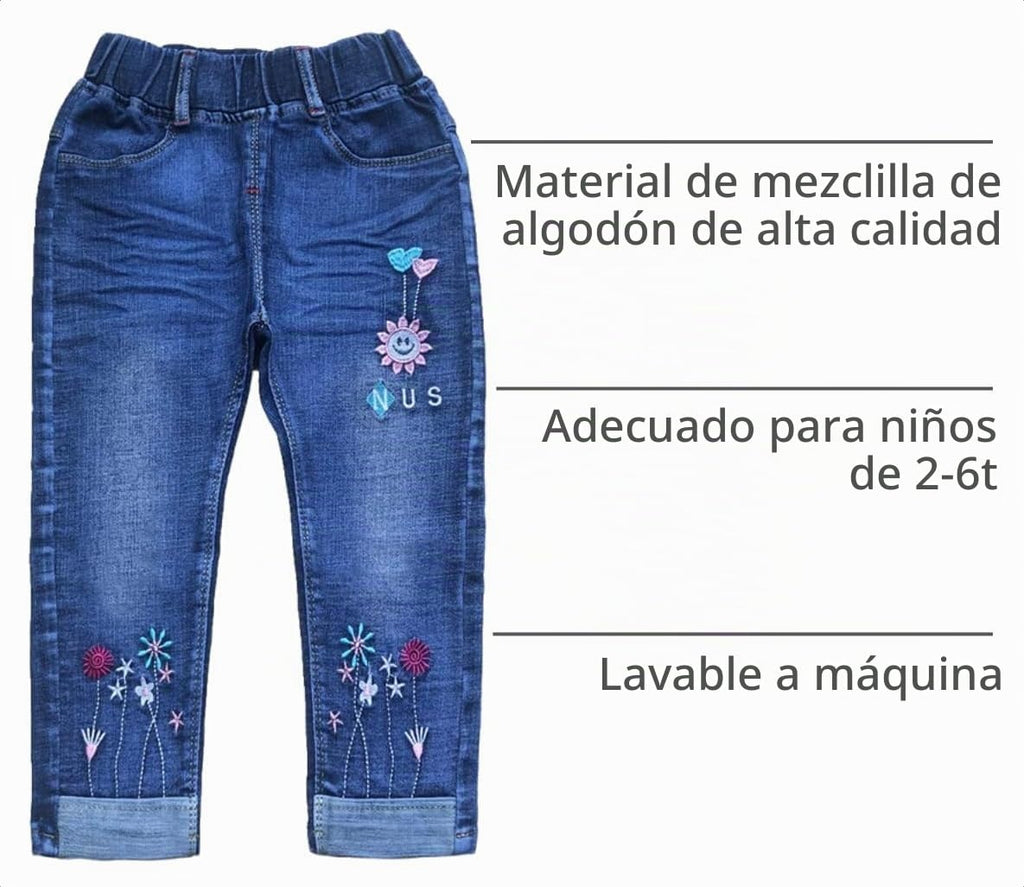 Jean para Niña con Bordado de Sol, Flores y Corazones