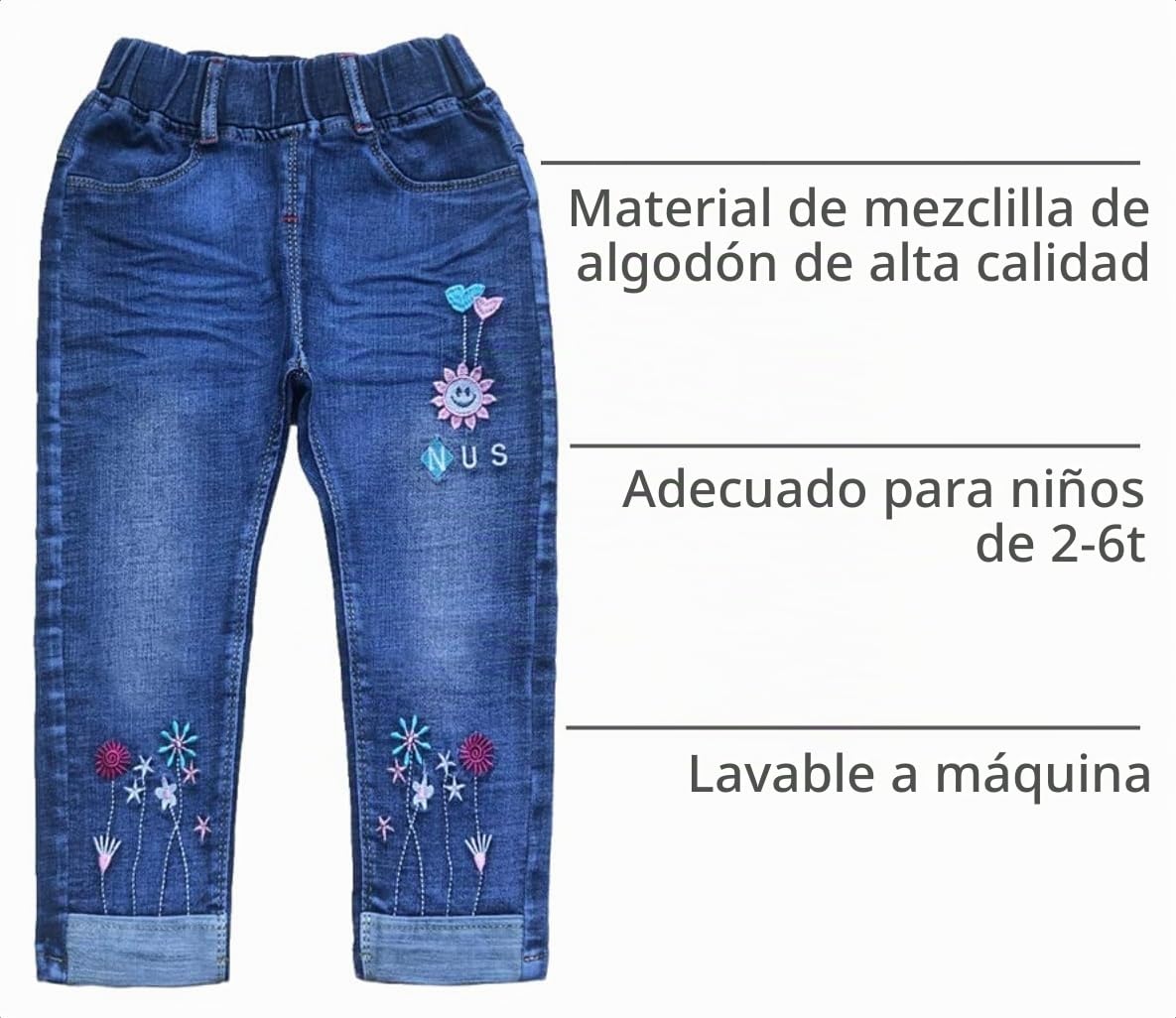 Jean para Niña con Bordado de Sol, Flores y Corazones