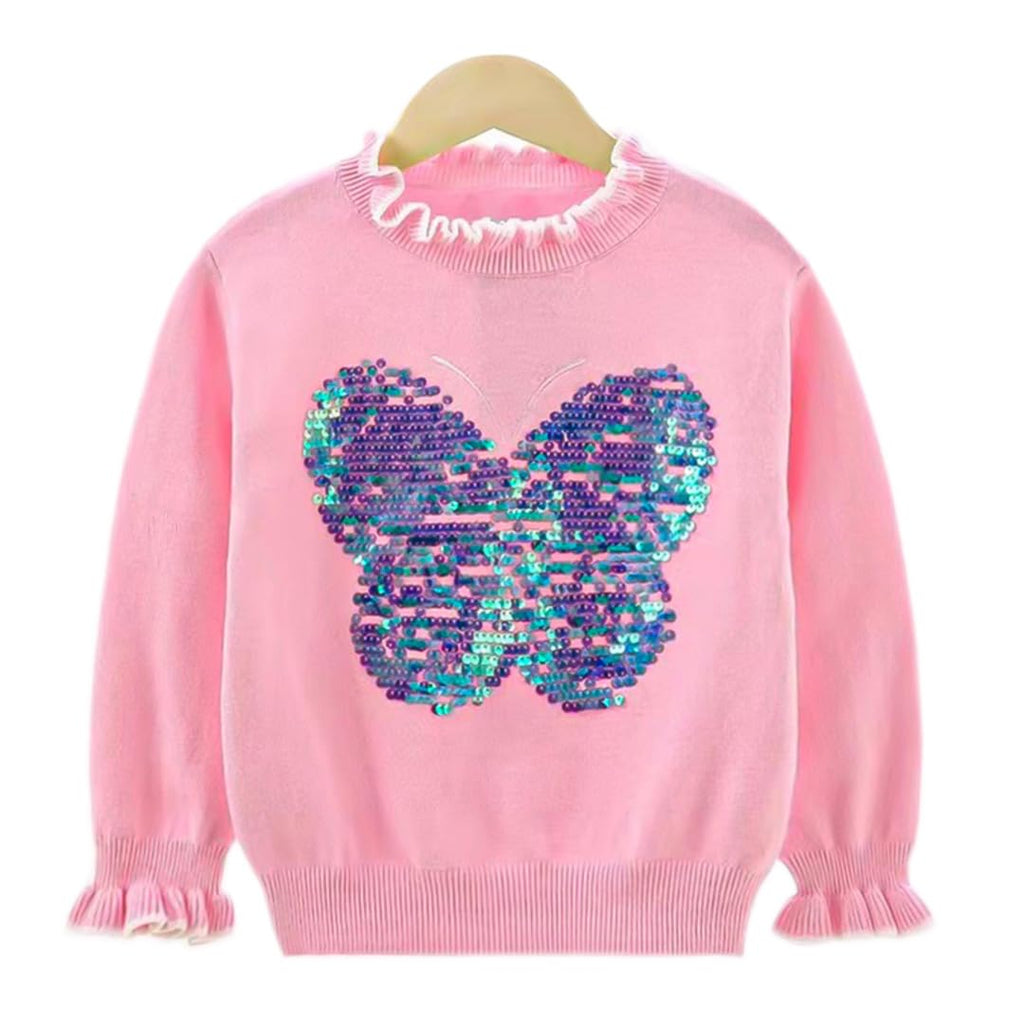 Conjunto 2 Piezas para Niña: Suéter Rosa Mariposa de Lentejuelas Holográficas y Jeans Jogger con Mariposas Bordadas