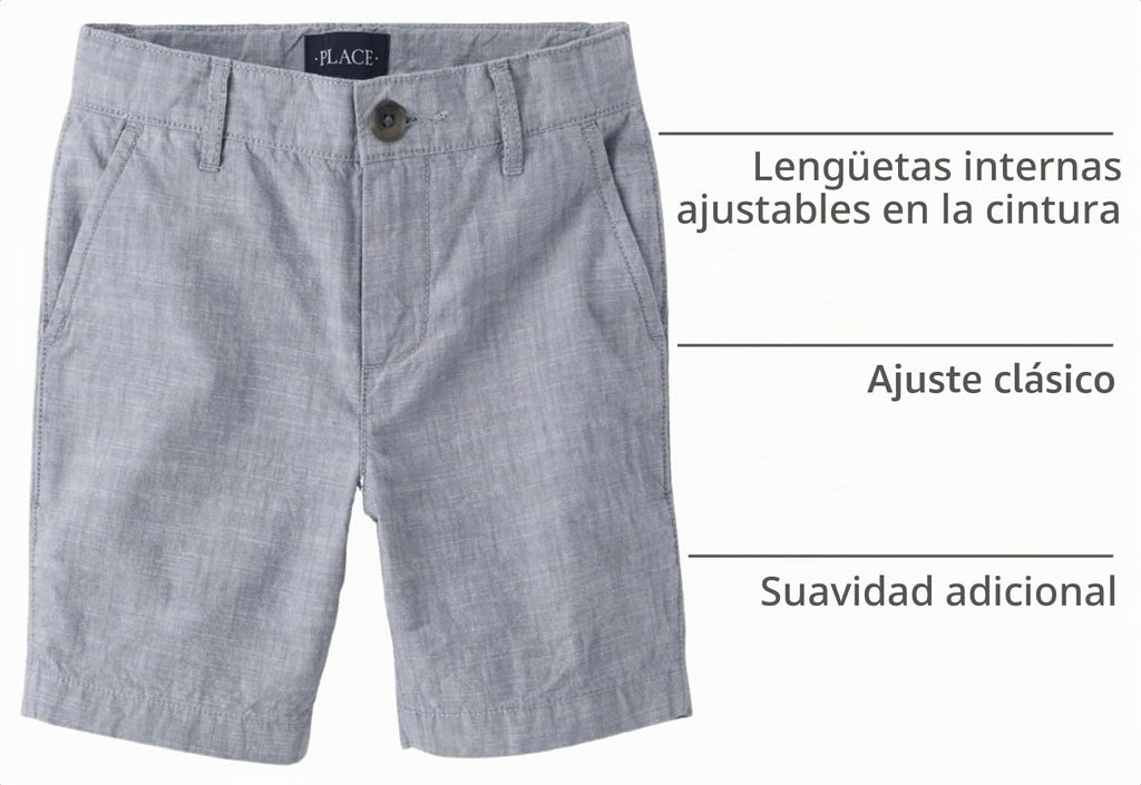 The Children's Place Short Chino Texturizado Niño | Gris Azulado/Chambray • Algodón • Botón + Cremallera