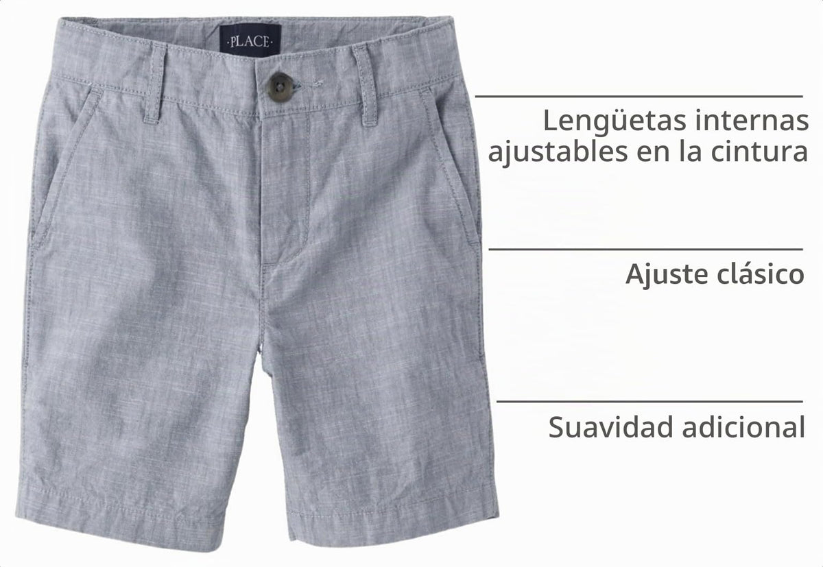The Children's Place Short Chino Texturizado Niño | Gris Azulado/Chambray • Algodón • Botón + Cremallera