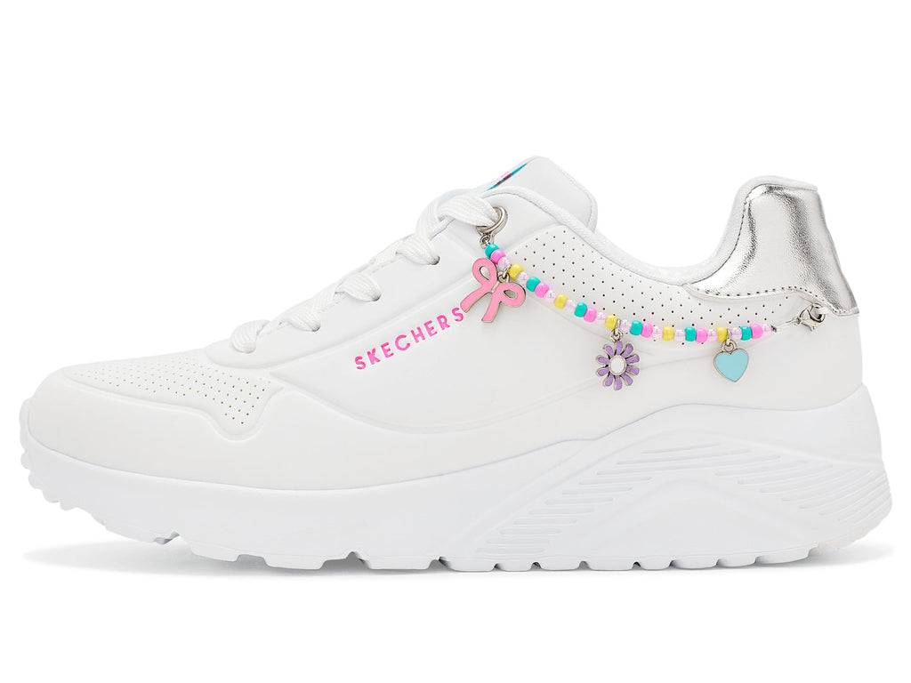 Skechers - Tenis Deportivos Uno Lite - Charming Lite con Detalle de Pulsera de Dijes para Niña (Blanco/Platead) (Talla 27 - 40)