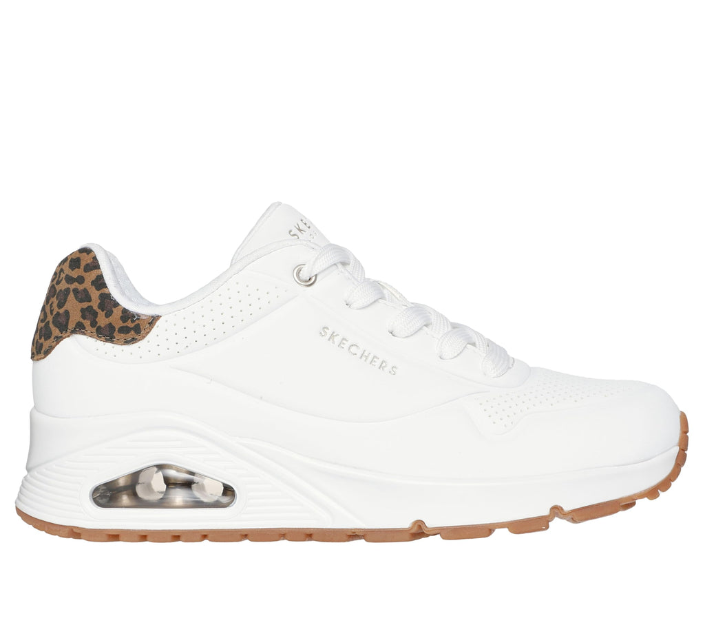 Skechers - Tenis Deportivos de Moda Uno - Jungle Nite con Amortiguación de Aire y Detalle de Leopardo para Mujer (Blanco/Leopardo) (Talla Adulta 35, 38,39,40, y 41)