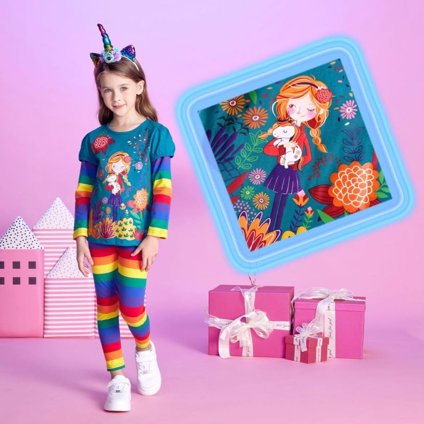 Conjunto 2 Piezas Top y Leggings con Niña en Jardín para Niñas – Azul Verdoso con Rayas Arcoíris, Algodón (Solo 3T)