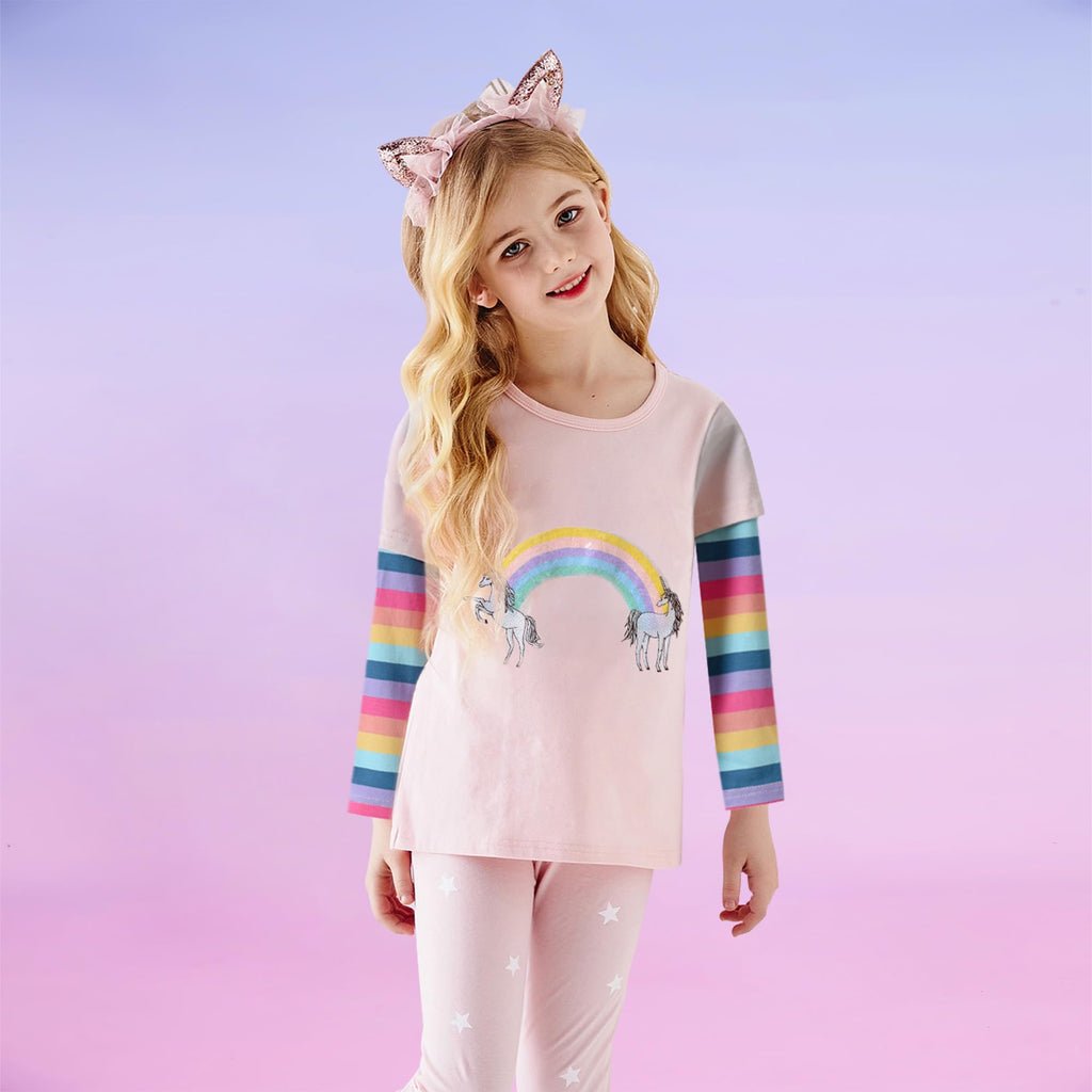 Top de Manga Larga con Dos Unicornios y Arcoíris para Niñas – Rosa Pastel con Rayas Arcoíris, Algodón (Solo 3, 11 y 12 Años)