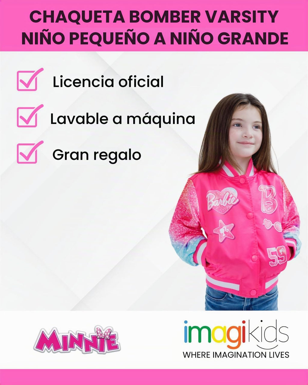 Chaqueta Bomber Varsity Barbie Oficial | Mangas Purpurina Degradada + 5 Parches Glitter + Satén Rosa | Niña Glam (4-16T)