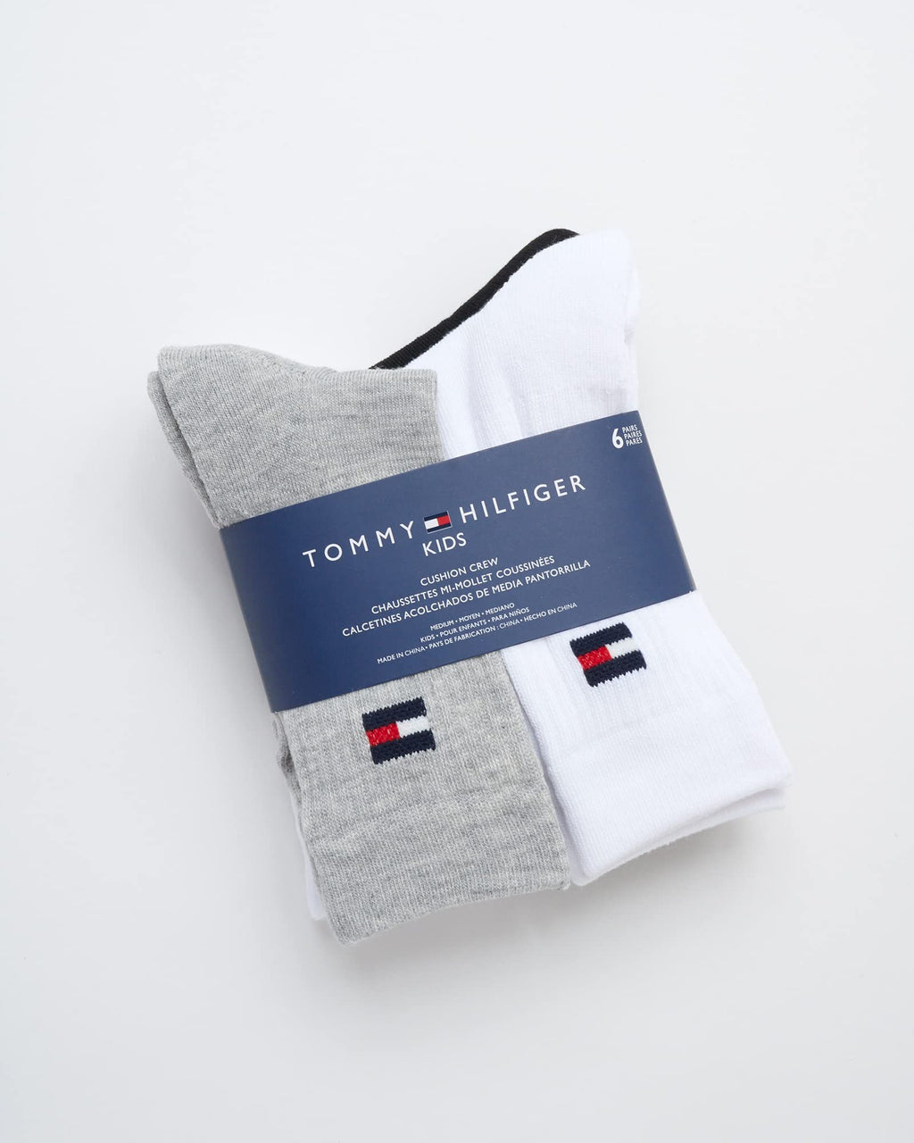 Tommy Hilfiger | Calcetines Niño Unisex Pack 6 Pares Crew Deportivos Surtido Negro Gris Blanco Logo Bandera (4 - 12T)