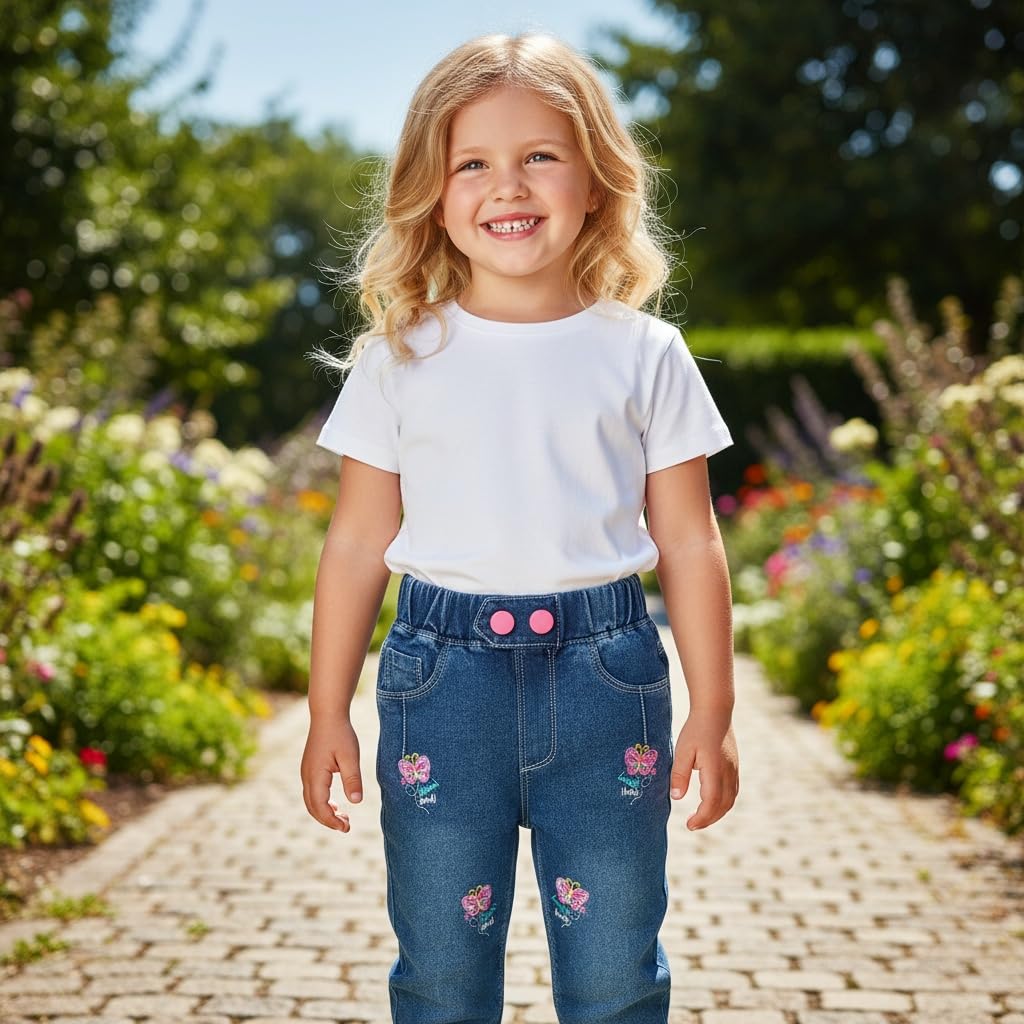 Jean Slim Niña | Azul Medio Desgastado • 6 Apliques Mariposa Rosa