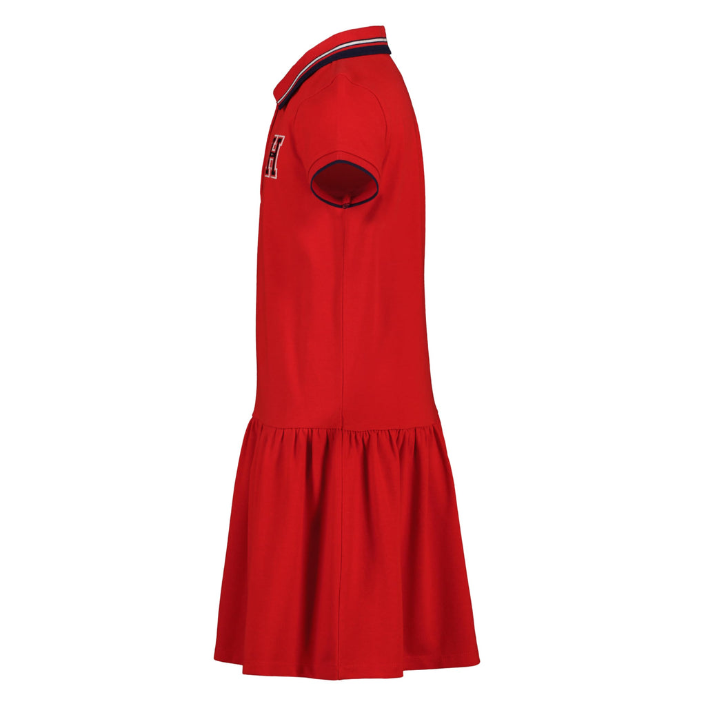 Tommy Hilfiger Vestido Polo Piqué Niña | Rojo • Parche Bordado H Varsity • Falda Plisada
