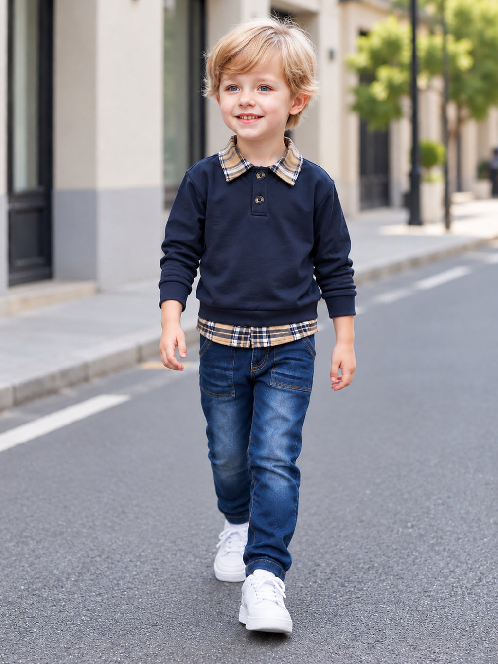 Conjunto de 2 Piezas para Niño: Sudadera de Manga Larga con Cuello de Solapa Estilo 2 en 1 + Pantalón de Mezclilla (Estilo Casual y Escolar para Otoño) (Talla 3Y - 10Y)