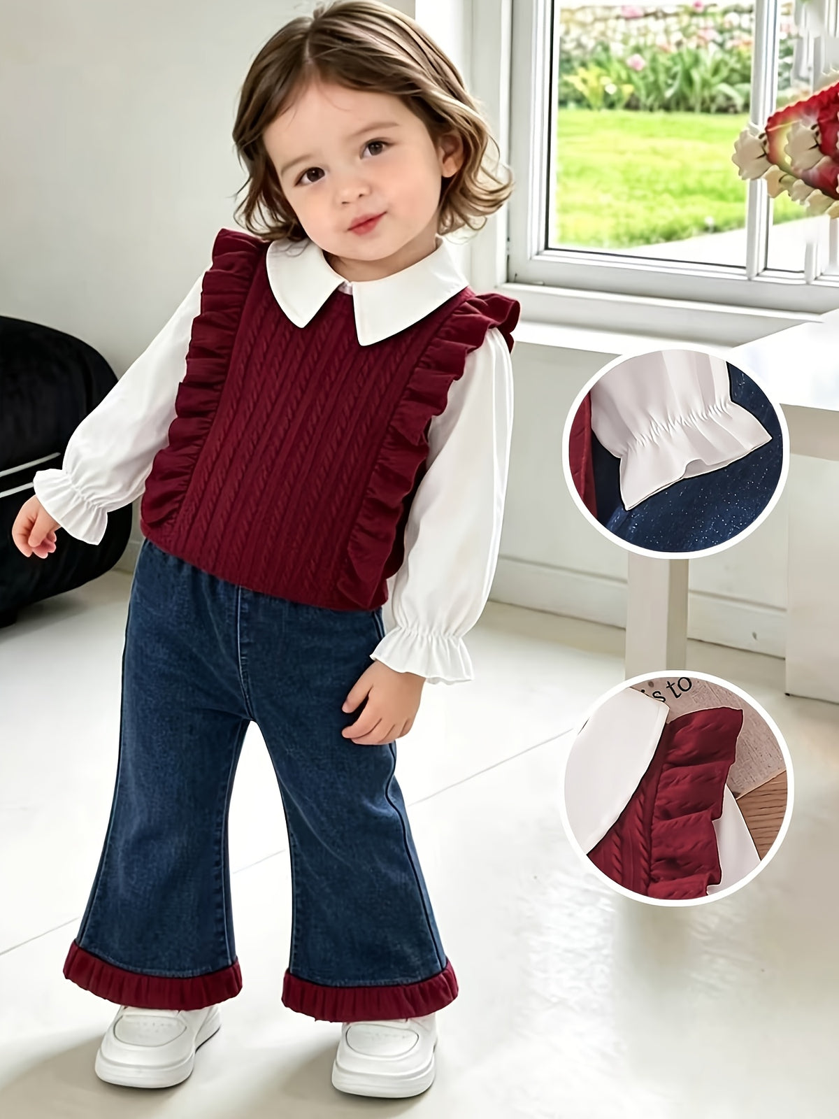 Conjunto de 2 Piezas para Niña: Camisa de Punto con Cuello y Volantes Rojos y Pantalón Largo Acampanado de Mezclilla (Estilo Invernal) (12M - 24M)