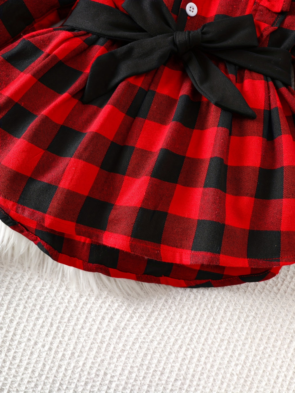 Conjunto Navideño de 2 Piezas para Bebé Niña: Blusa de Manga Larga a Cuadros Rojos con Lazo Negro y Pantalón Largo (Ideal para Fiestas y Otoño/Invierno) (6M - 3Y)