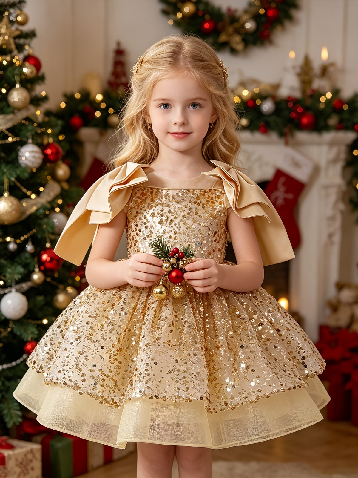 Vestido de Princesa para Niña: Vestido de Noche y Fiesta Dorada con Lentejuelas Brillantes, Volantes en los Hombros y Falda de Tul (Estilo Banquetes y Navidad) (Solo 7 - 8Y)