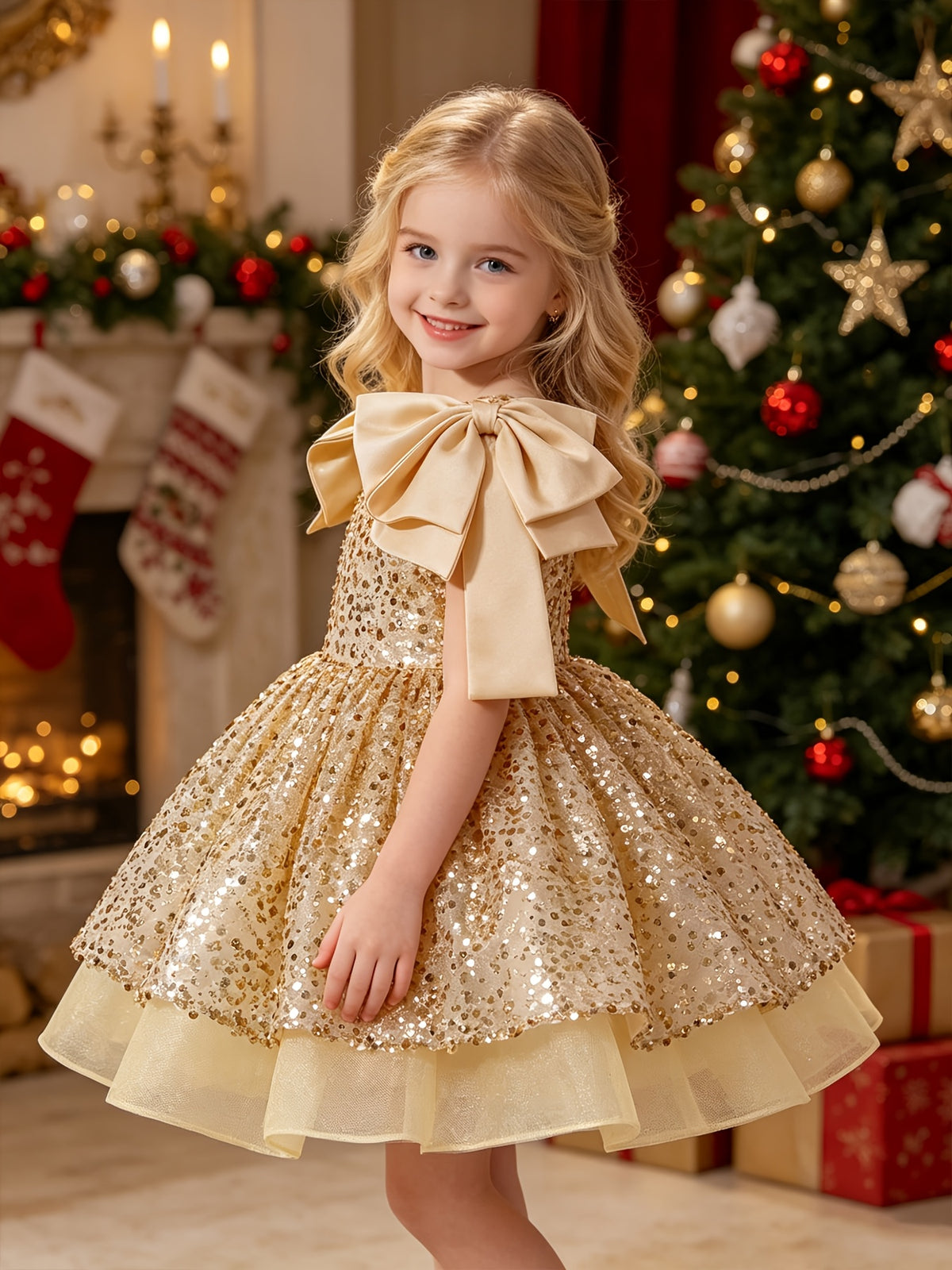 Vestido de Princesa para Niña: Vestido de Noche y Fiesta Dorada con Lentejuelas Brillantes, Volantes en los Hombros y Falda de Tul (Estilo Banquetes y Navidad) (Solo 7 - 8Y)