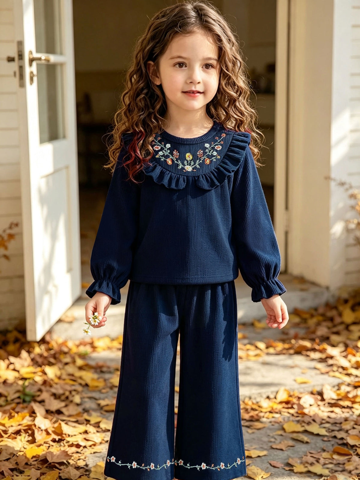 Conjunto de 2 Piezas para Niña: Top Azul Marino de Manga Larga con Volantes y Bordado Floral Retro y Pantalón Largo a Juego (4 - 7Y)