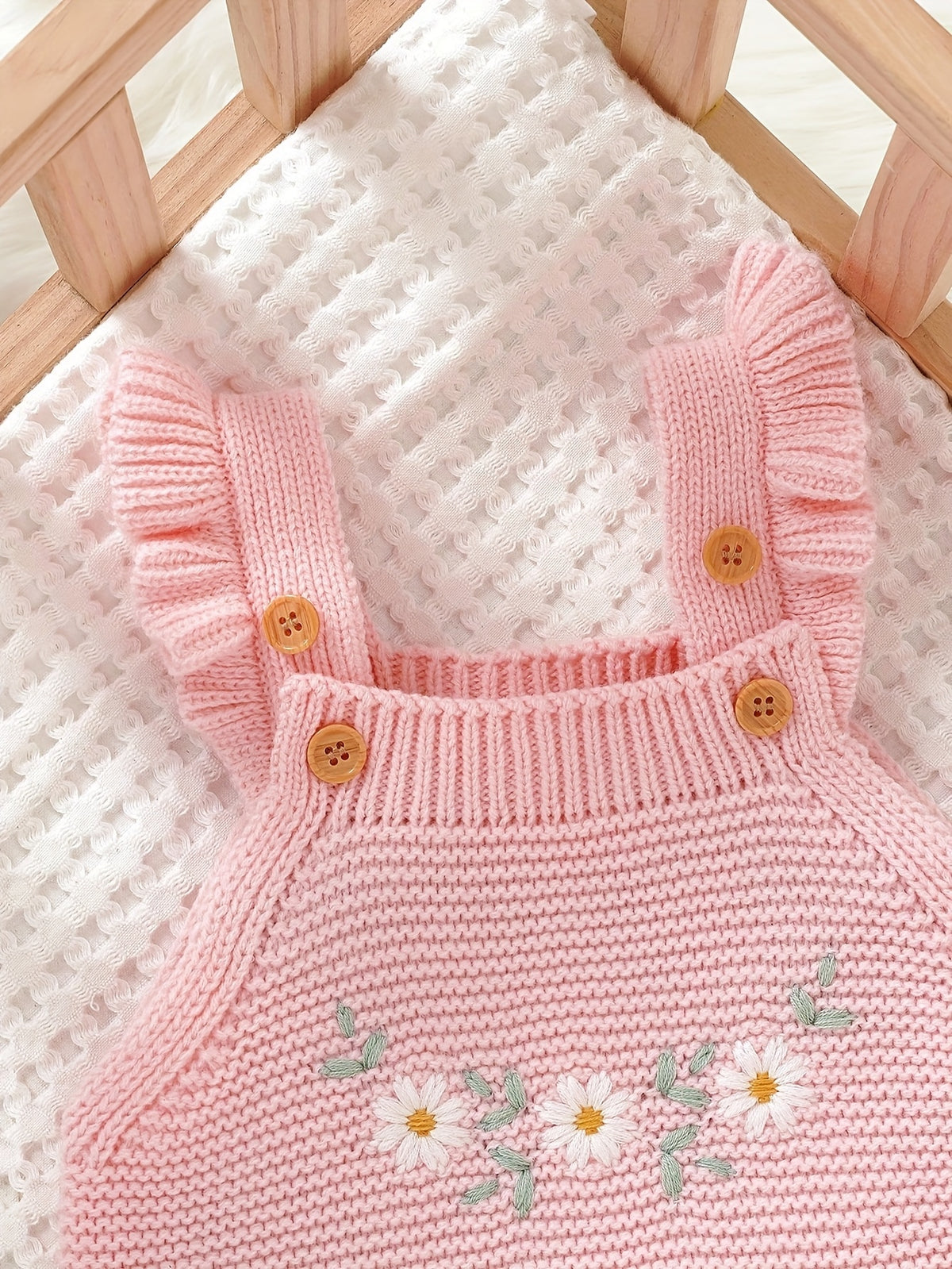 Conjunto de Body Tejido de Punto para Bebé Niña en Color Rosa con Bordado Floral y Volantes (Estilo Dulce para Otoño e Invierno) (1M - 12M)