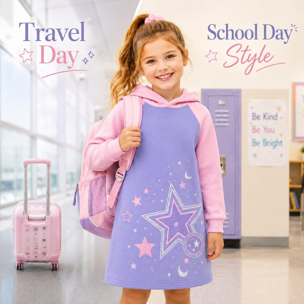 Vestido Hoodie de Estrellas para Niñas – Manga Larga Lila y Rosa, Algodón (3 - 12T)