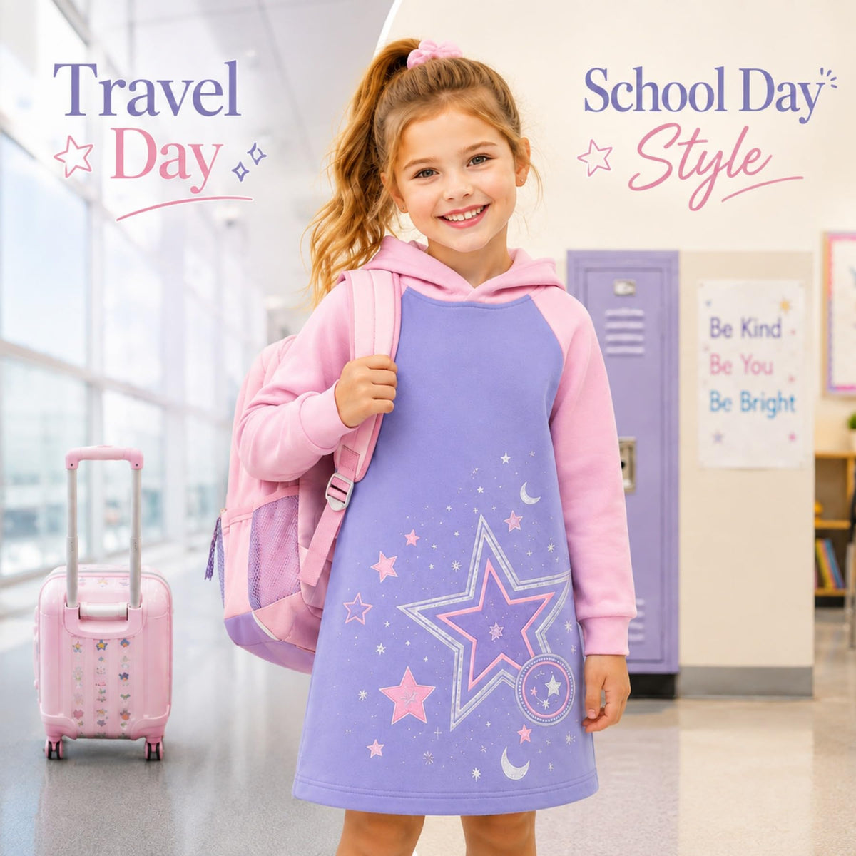 Vestido Hoodie de Estrellas para Niñas – Manga Larga Lila y Rosa, Algodón (3 - 12T)