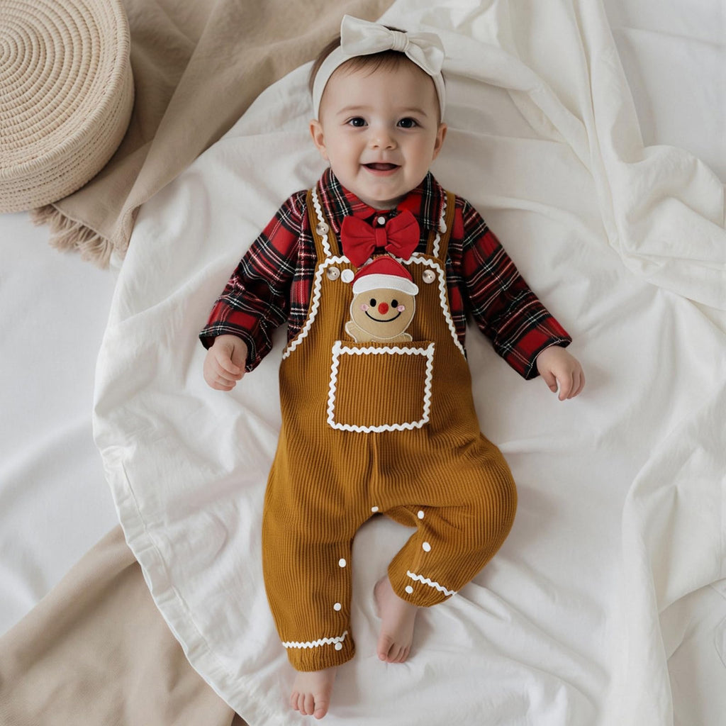 Plaid Gingerbread Boy Set | Conjunto 2 Piezas Bebé — Body Camisa Cuadros Rojo + Overol Pana Mostaza + Galleta de Jengibre