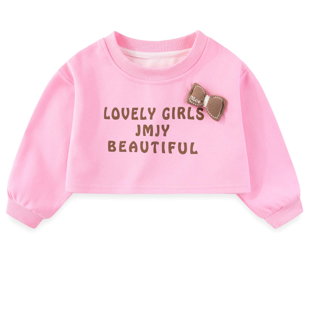 Conjunto 3 Piezas para Niña: Crop Top “Lovely Girls” con Lazo 3D, Camiseta Blanca y Jeans Rosa