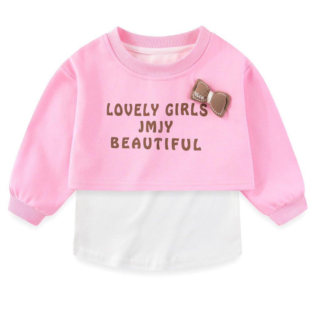 Conjunto 3 Piezas para Niña: Crop Top “Lovely Girls” con Lazo 3D, Camiseta Blanca y Jeans Rosa
