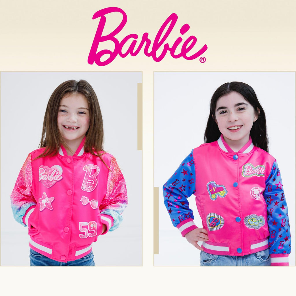 Chaqueta Bomber Varsity Barbie Oficial | Bicolor Rosa + Azul + 5 Parches Appliqüé + Mangas Raglán Estrellas | Niña (4-8T)