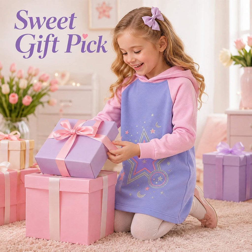 Vestido Hoodie de Estrellas para Niñas – Manga Larga Lila y Rosa, Algodón (3 - 12T)