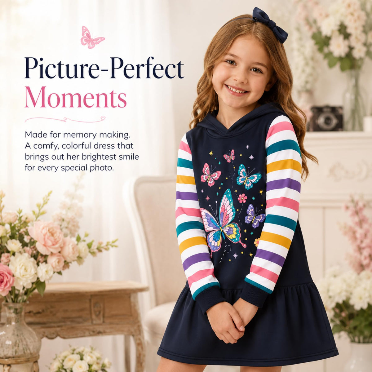 Vestido Hoodie de Mariposas para Niñas – Manga Larga Rayas Arcoíris, Algodón (3 - 12T)