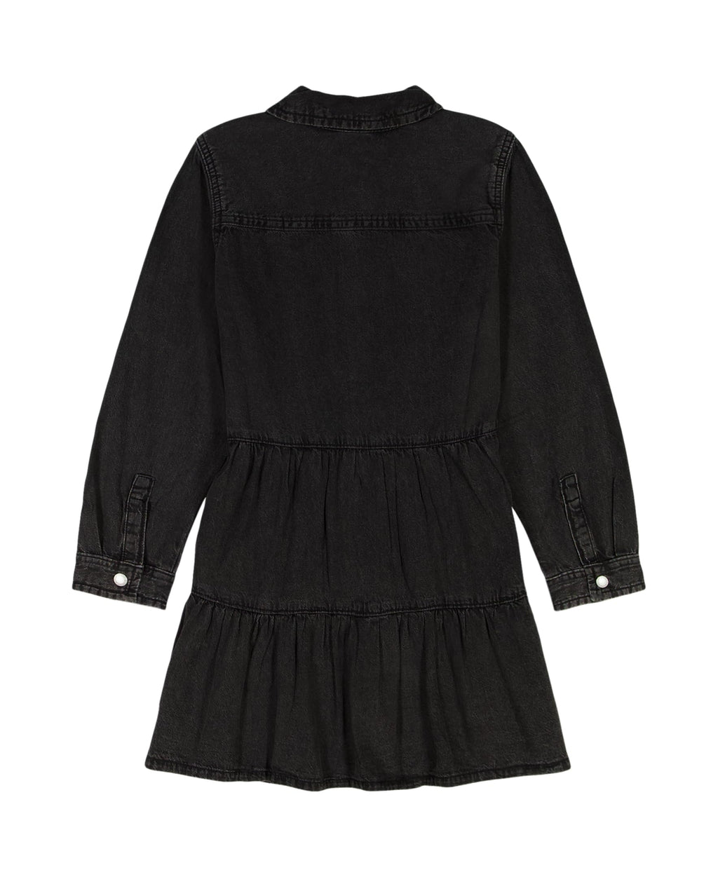 Calvin Klein Vestido Camisero Denim Niña | Negro Lavado • Manga Larga • Falda por Niveles con Volantes