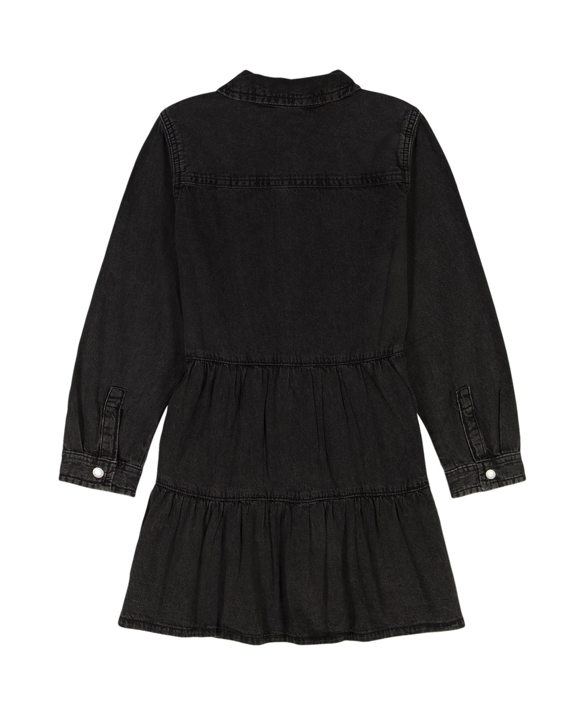 Calvin Klein Vestido Camisero Denim Niña | Negro Lavado • Manga Larga • Falda por Niveles con Volantes