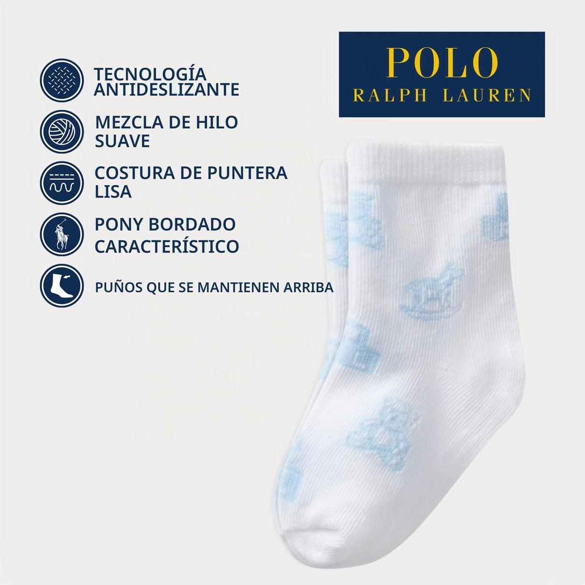 Polo Ralph Lauren | Calcetines Bebé Niño Pack 3 Algodón Orgánico Pony Bordado Stay-Up Osos Azules Rayas Azul Cielo 0-24 Meses