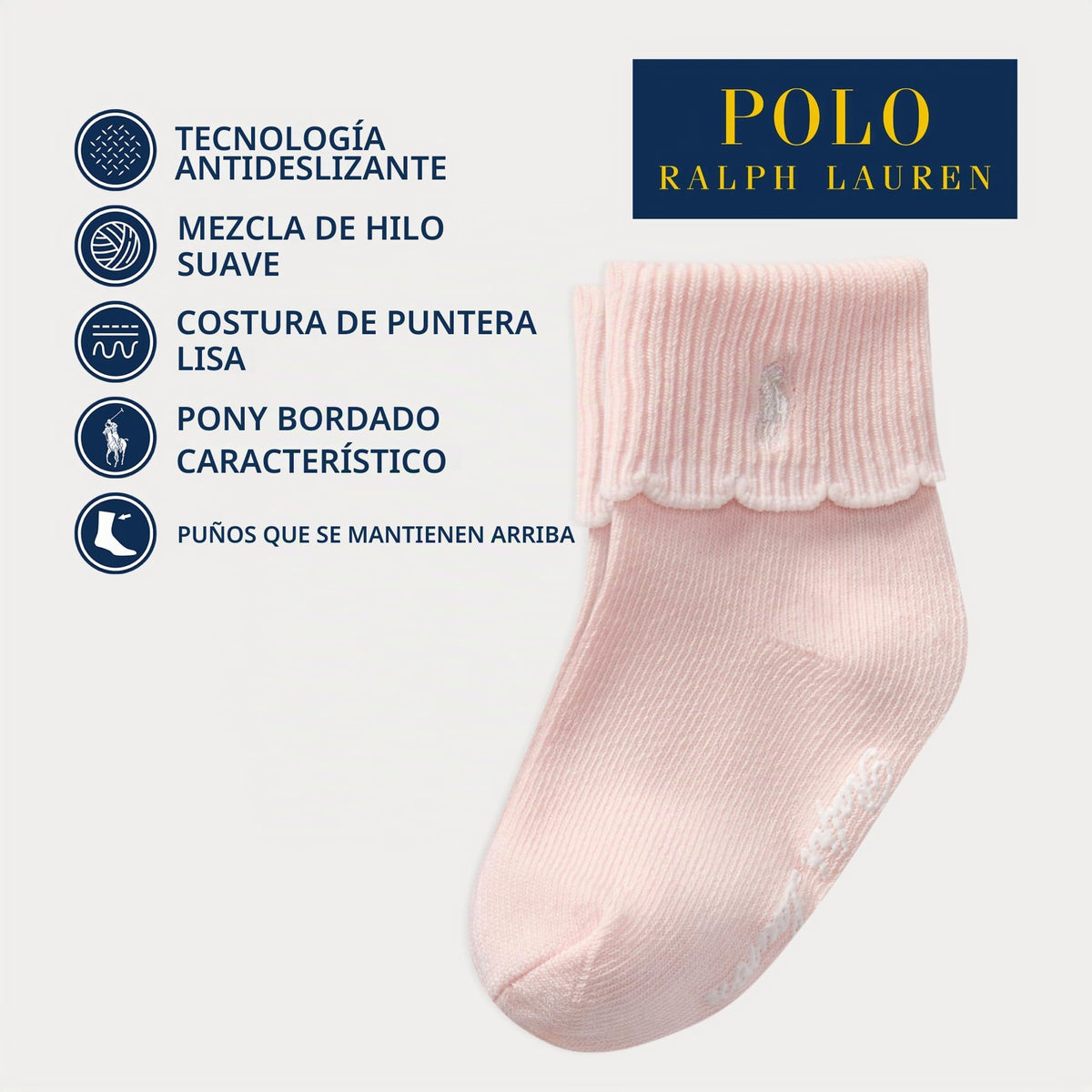 Polo Ralph Lauren | Calcetines Bebé Niña Pack 3 Algodón Rosa Suave Borde Festoneado Turn Cuff Pony