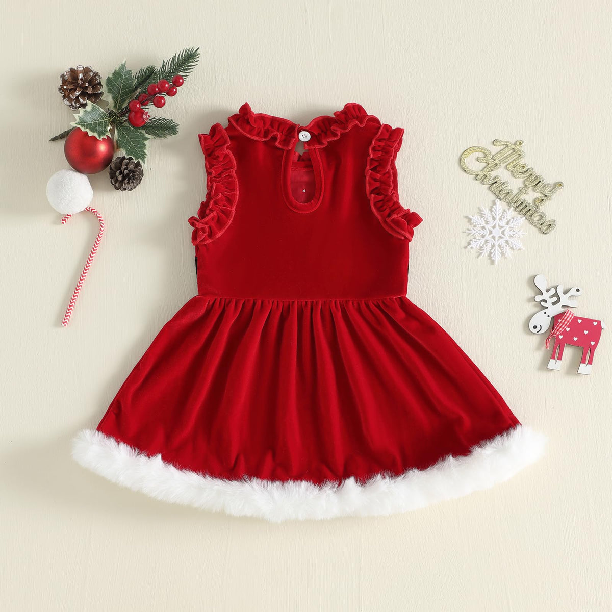 Santa Velvet Dress | Vestido Navideño Terciopelo Rojo Niña — Cuello Volantes + Botones Menta + Cintón + Ribete Piel Blanca
