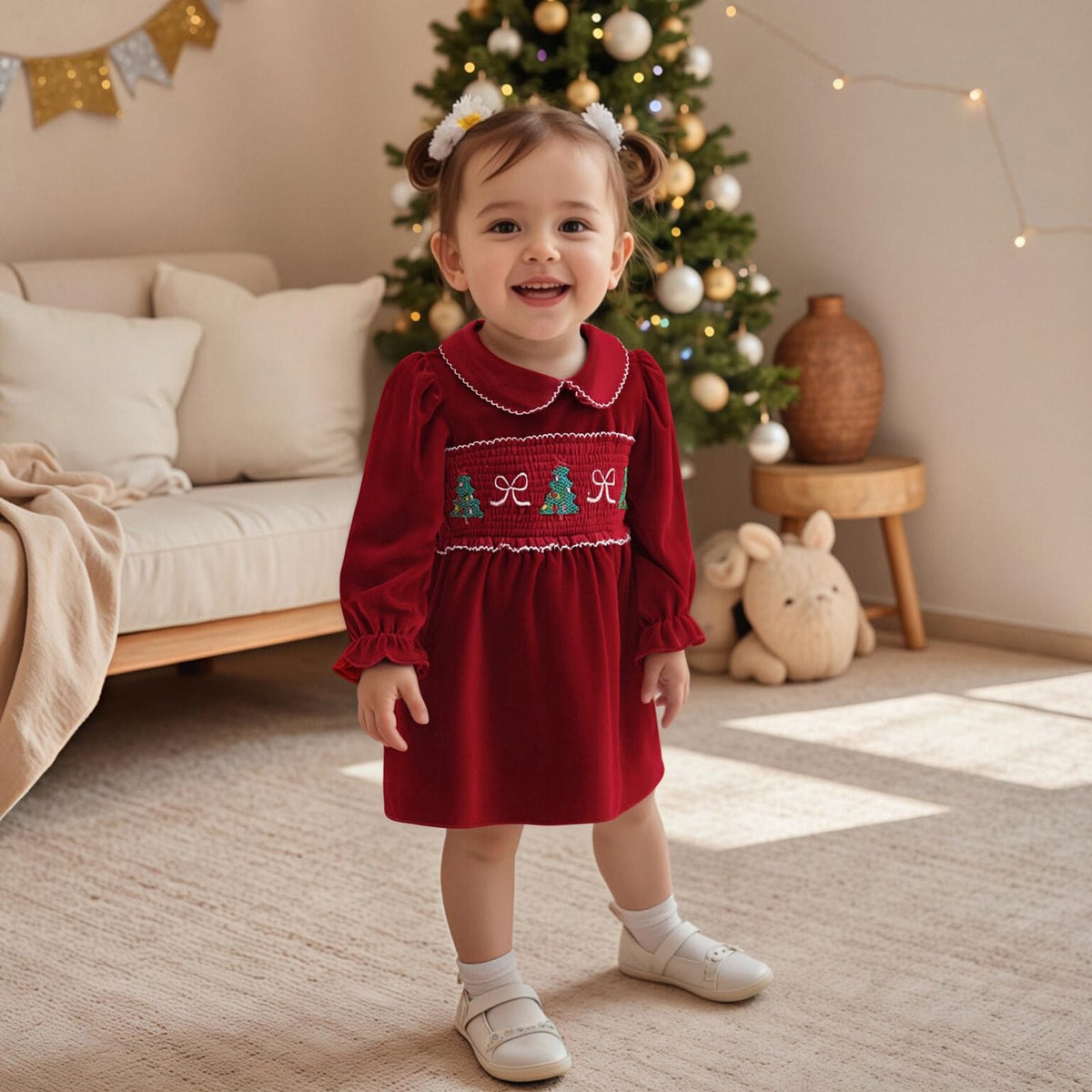 Christmas Velvet Girl | Vestido Terciopelo Rojo Niña + Cuello Peter Pan + Bordado Arbolitos Smocking