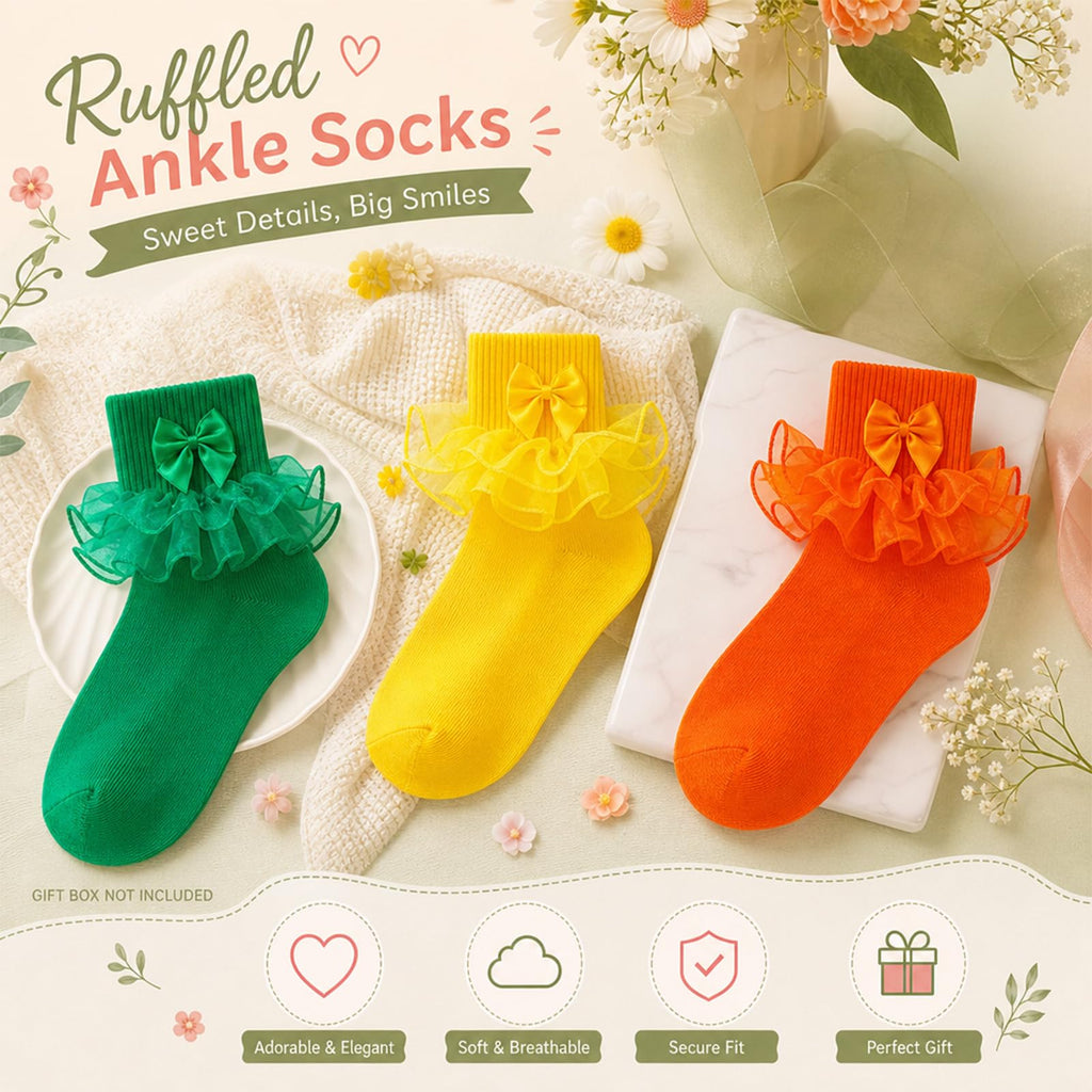 Calcetines Nina Pack 3 Pares Volantes Encaje Tutu Doble Capa Lazo Cinta 3D Verde Amarillo Naranja Organza Princesa Verano Halloween (1 - 10T)