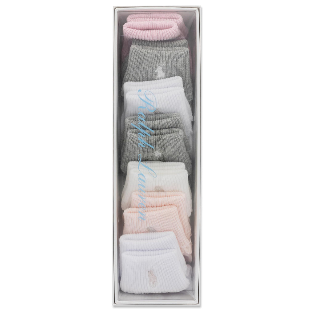 Polo Ralph Lauren | Calcetines Bebé Niña Pack 7 Algodón Pony Bordado Stay-Up Caja Regalo Rosa Gris Blanco Crema 0-24 Meses