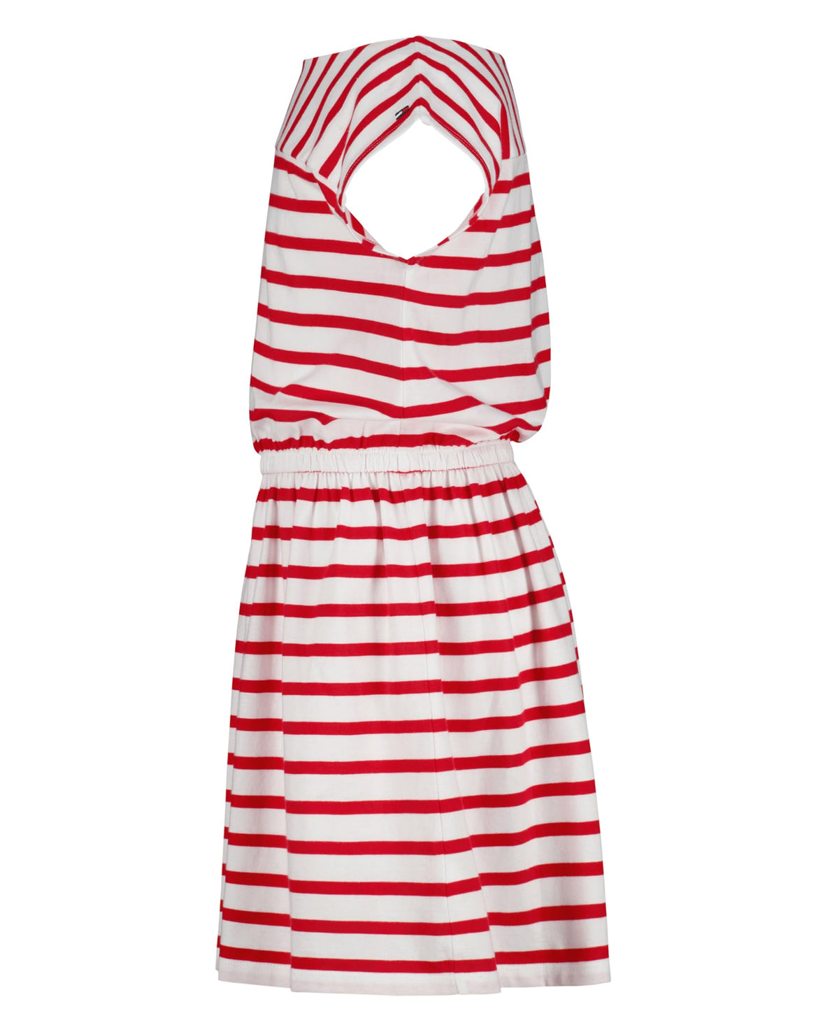 Tommy Hilfiger Vestido Jersey Rayas Niña | Rojo/Blanco • Cuello Barco • Manga Casquillo • Bandera TH • Cintura Elástica