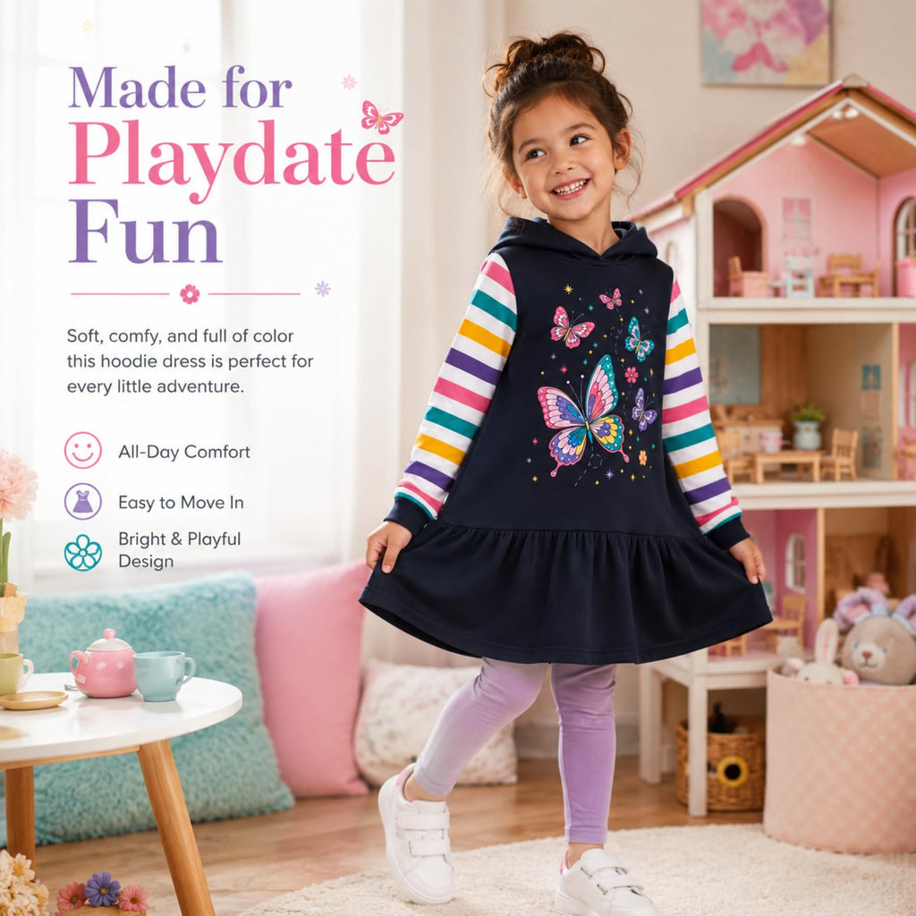 Vestido Hoodie de Mariposas para Niñas – Manga Larga Rayas Arcoíris, Algodón (3 - 12T)
