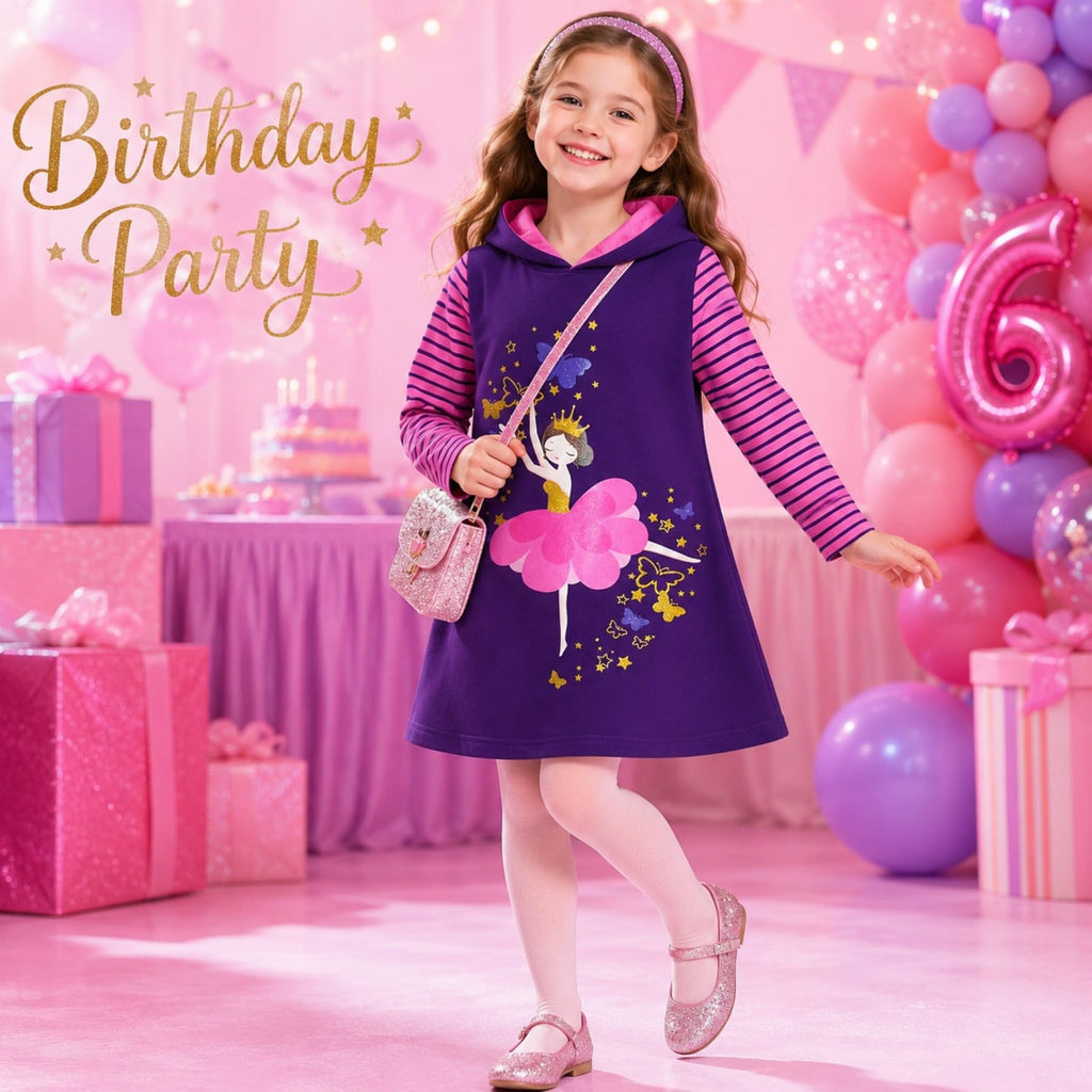 Vestido Hoodie de Bailarina para Niñas – Manga Larga Morado a Rayas Rosa, Algodón (3 - 12T)