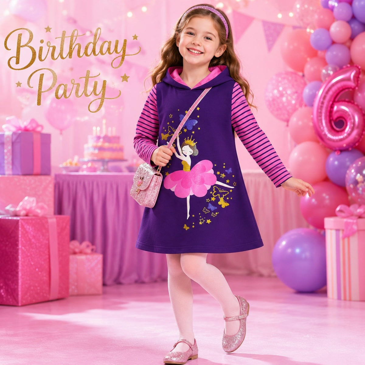 Vestido Hoodie de Bailarina para Niñas – Manga Larga Morado a Rayas Rosa, Algodón (3 - 12T)