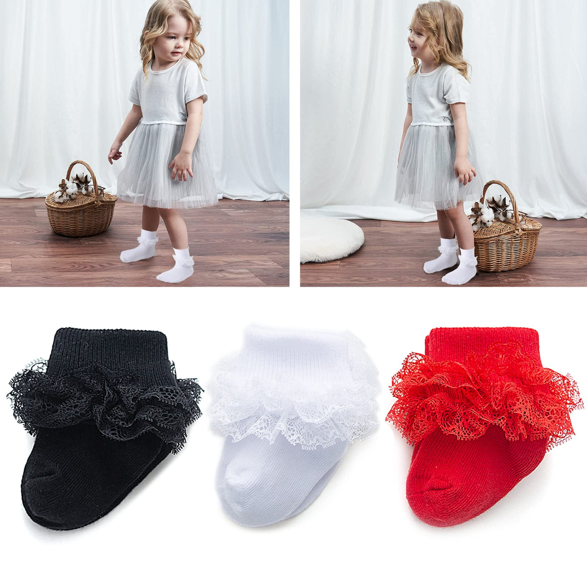hakugoo | Calcetines Bebé Niña Pack 5 Triple Encaje Volantes Puño Vuelto Negro Blanco Rojo Rosa Crema