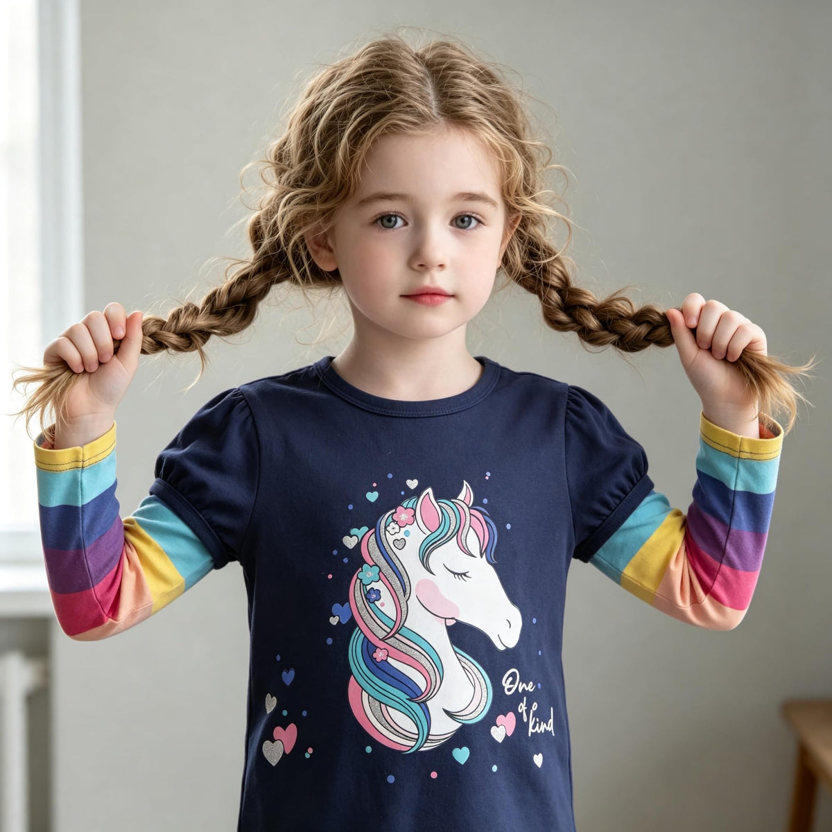 Top de Manga Larga con Unicornio “One of a Kind” para Niñas – Azul Marino con Rayas Arcoíris, Algodón, (2-12 Años)