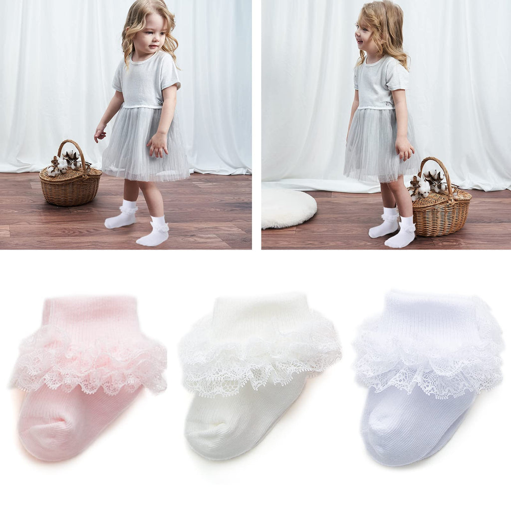 hakugoo | Calcetines Bebé Niña Pack 3 Triple Encaje Volantes Puño Vuelto Blanco Rosa Crema