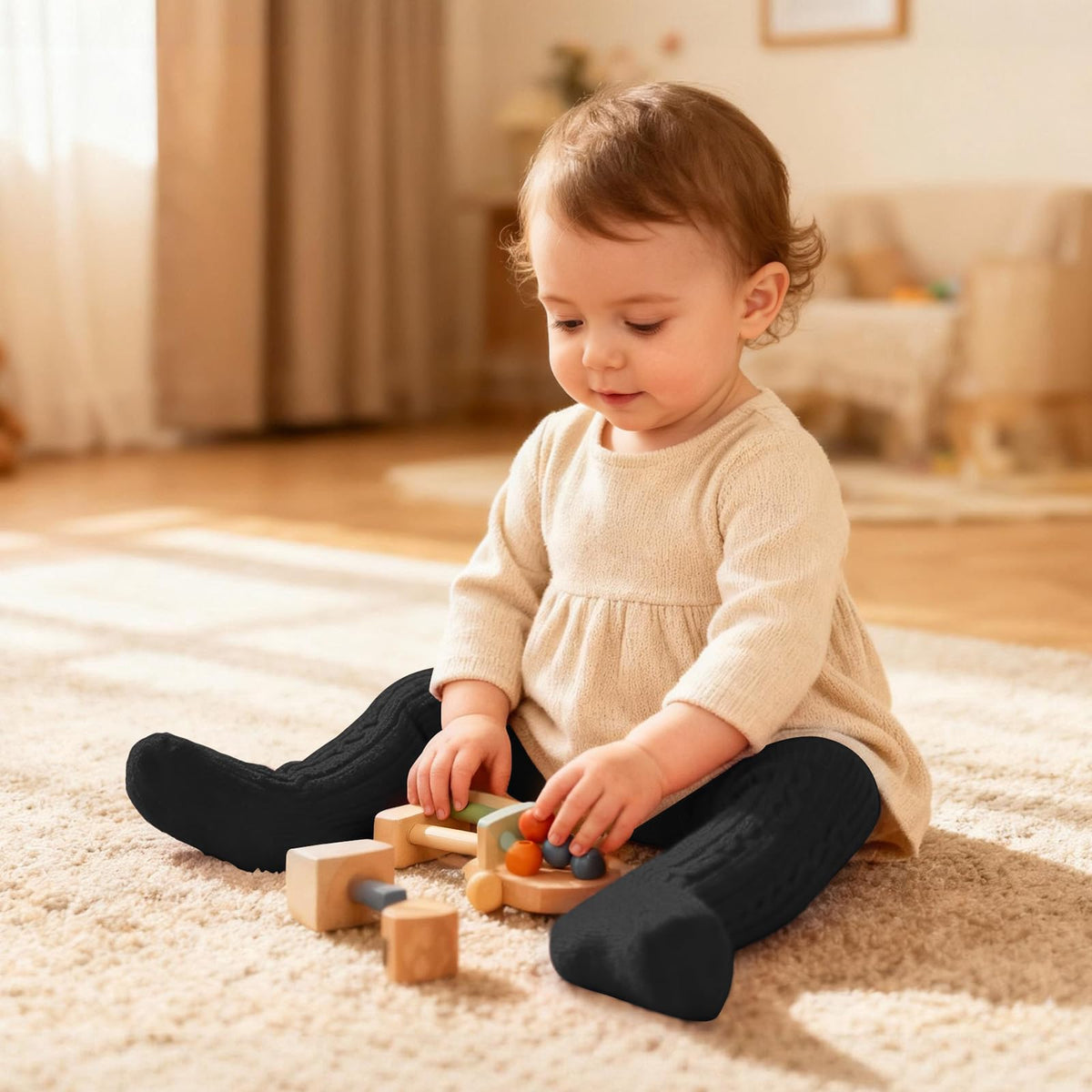 Malla Punto Trenzado Cable Knit American Trends | Sin Costura + Algodón Premium + Negro | Recién Nacida 0-12 Meses
