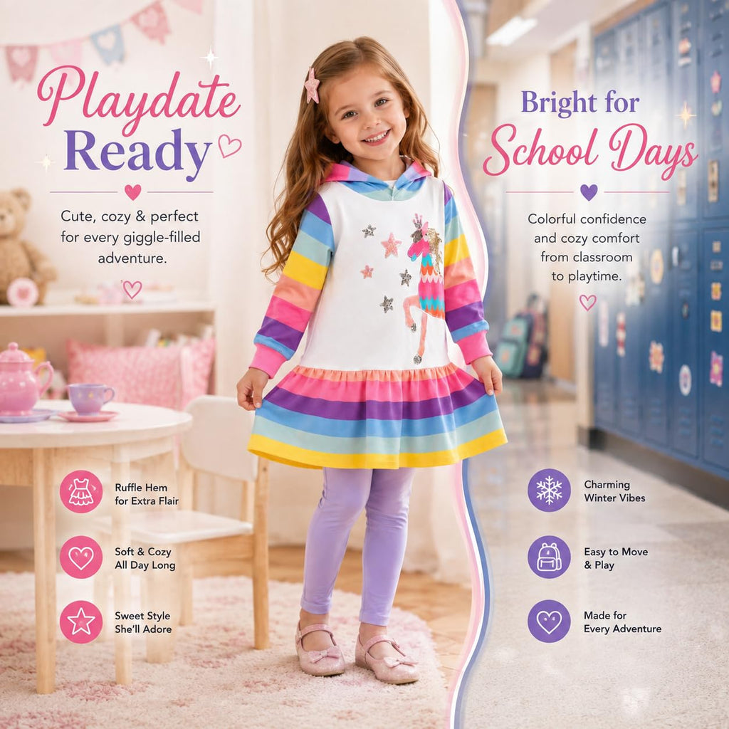Vestido Hoodie de Unicornio para Niñas – Manga Larga Rayas Arcoíris con Lentejuelas, Algodón  (3 - 12T)