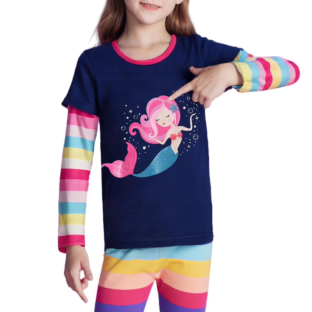Top de Manga Larga con Sirena para Niñas – Azul Marino con Rayas Arcoíris Pastel, Algodón, 2-12 Años