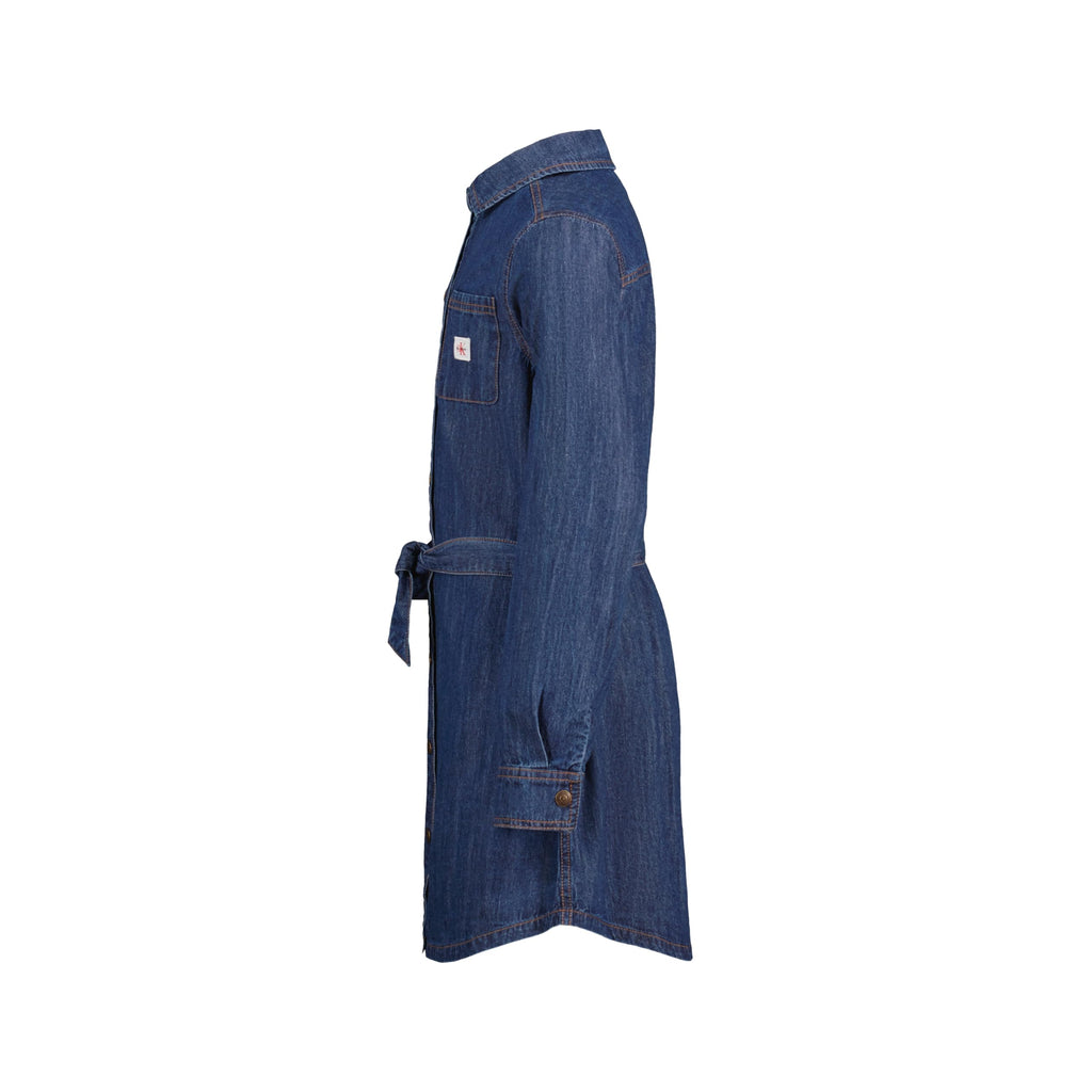 Calvin Klein Vestido Camisero Chambray Niña | Azul Beckford Wash • Manga Larga • Dobladillo Curvo