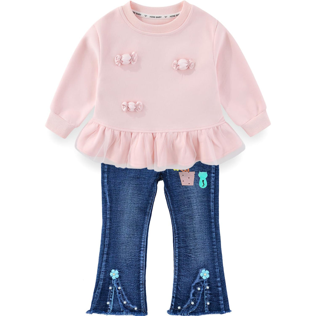 Conjunto 2 Piezas para Niña: Sudadera Rosa con Lazos 3D y Tul Peplum y Jeans Campana con Maceta Bordada
