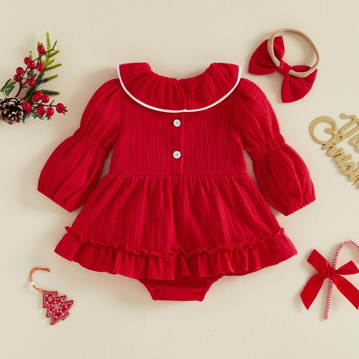 Santa Smocked Romper Rojo | Mameluco Vestido Rojo Bebé Niña — Cuello Muñeca + Mangas Abombadas + Papa Noel Bordado + Diadema
