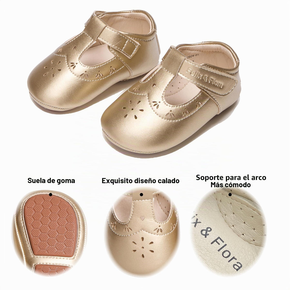 Zapatos de Vestir Estilo T-Strap Antideslizantes de Suela Suave para Bebé (Oro) – Félix & Flora